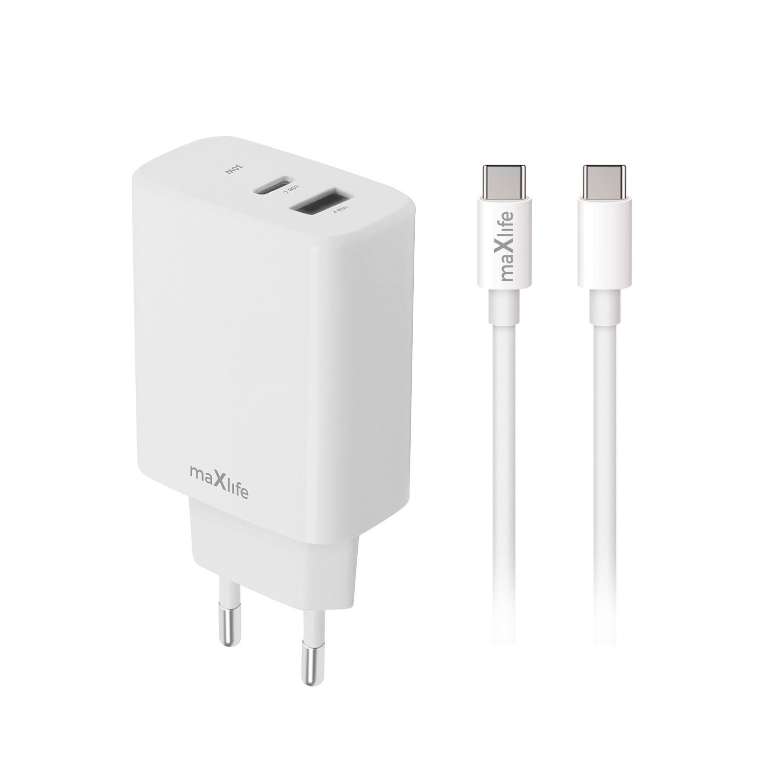 "Maxlife MXTC-10-30AC PD QC įkroviklis 1x USB-C 1x USB 30W baltos spalvos + USB-C - USB-C kabelis 60W