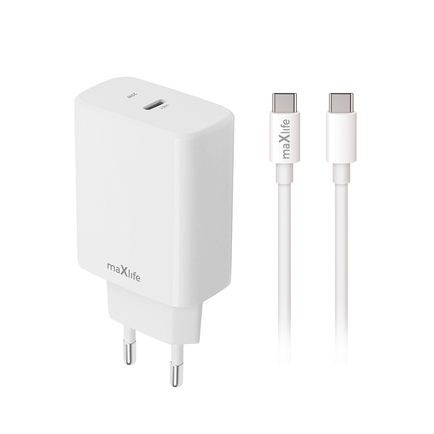 "Maxlife MXTC-10-20C PD QC įkroviklis 1x USB-C 20W baltos spalvos + USB-C - USB-C kabelis 20W