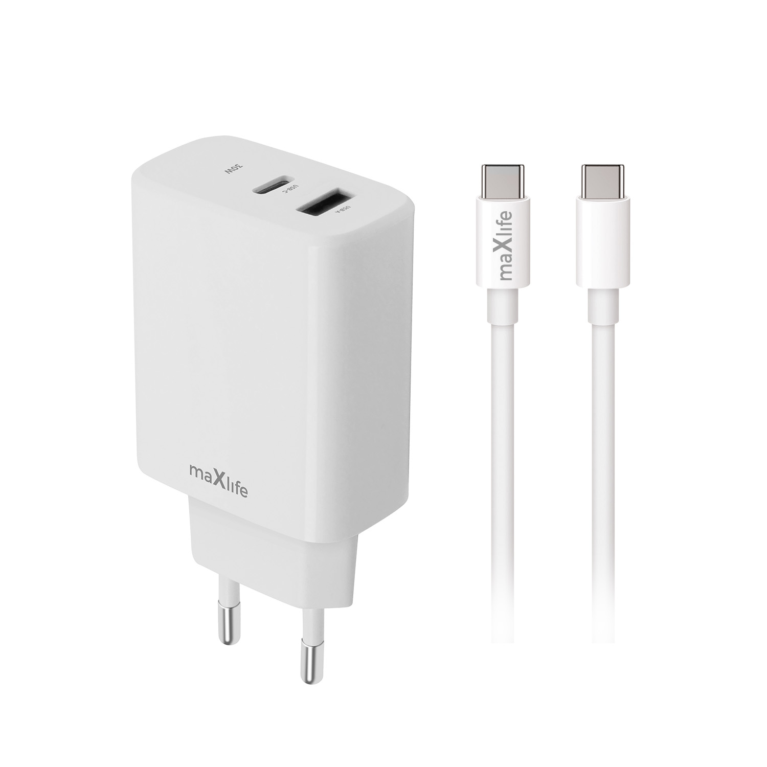 "Maxlife MXTC-10-20AC PD QC įkroviklis 1x USB-C 1x USB 20W baltas + USB-C - USB-C kabelis 20W
