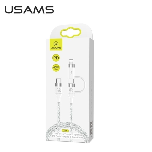USAMS Laidas pintas U31 USB-C na USB-C /lightning 60W PD greitas įkrovimas baltas SJ403USB02 (US-SJ403)