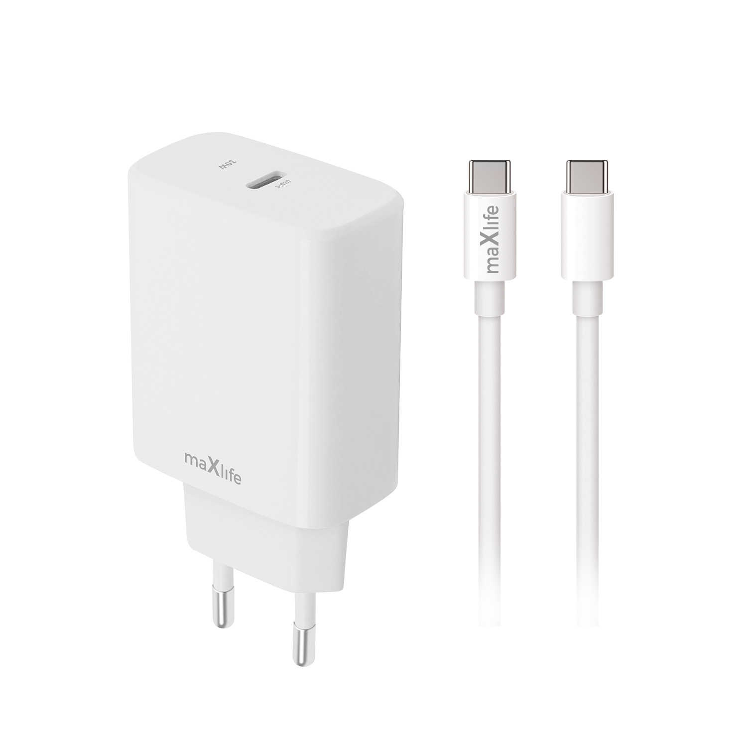 "Maxlife MXTC-10-30C PD QC įkroviklis 1x USB-C 30W baltos spalvos + USB-C - USB-C kabelis 60W