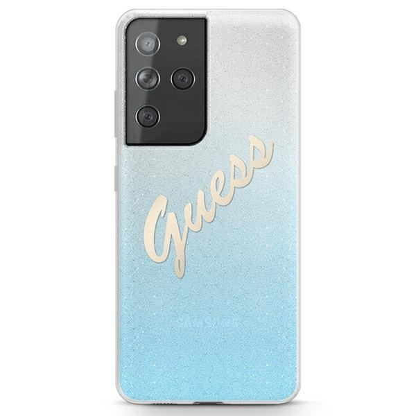 Guess GUHCS21LPCUGLSBL S21 Ultra G998blue kietas dėklas Glitter Gradient Script