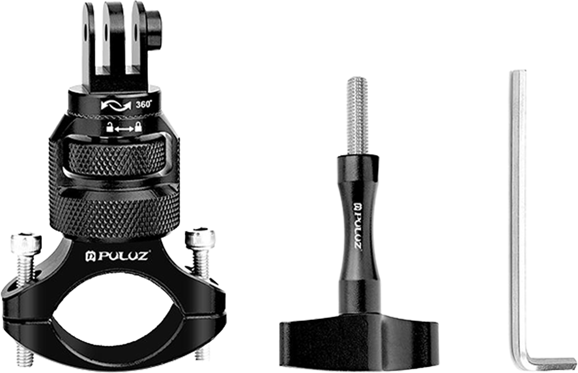 Aliuminis 360° PULUZ vairo laikiklis sporto kameroms (juodas)