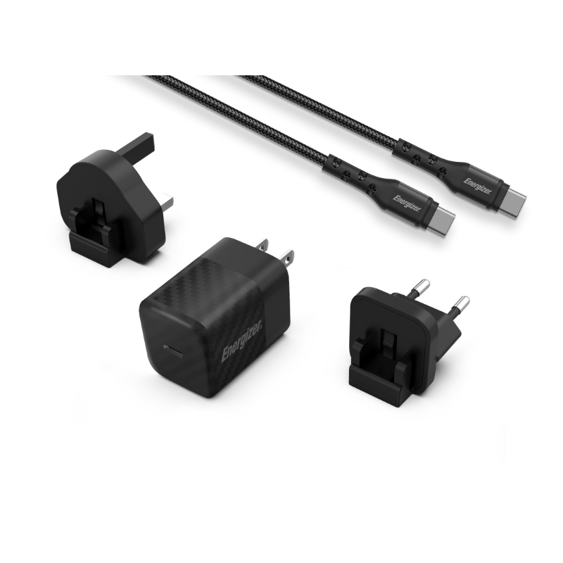 Energizer Ultimate - Multiplug EU / UK / US GaN 20W PD mains įkroviklis + USB-C laidas (juodas)