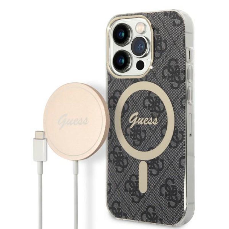 Rinkinys Guess GUBPP14LH4EACSK dėklas + įkroviklis iPhone 14 Pro 6.1" juodas kietas dėklas su 4G raštu Magnetinis