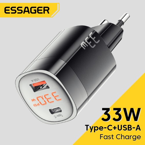 Įkroviklis Essager "GaN Ling" juodas 33W (PD / QC3.0) su LED ekranu