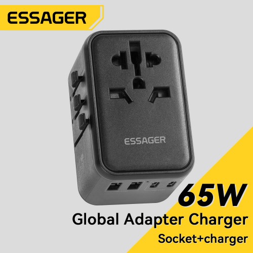 Įkroviklis Essager "Travel Global 2" juodas 65W (3xPD / 2xQC3.0) (tinka EU / US / UK)