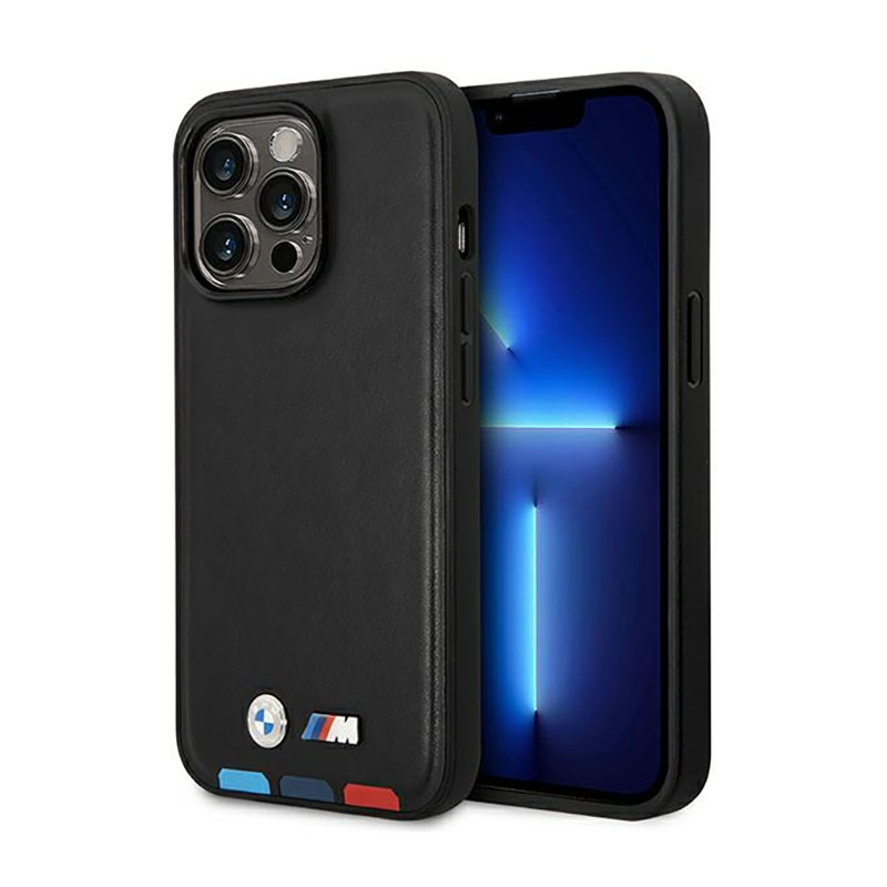 Dėklas BMW BMHMP14L22PTDK iPhone 14 Pro 6.1 "juodas / juoda Odinis Antspaudas Trispalvis Magnetinis