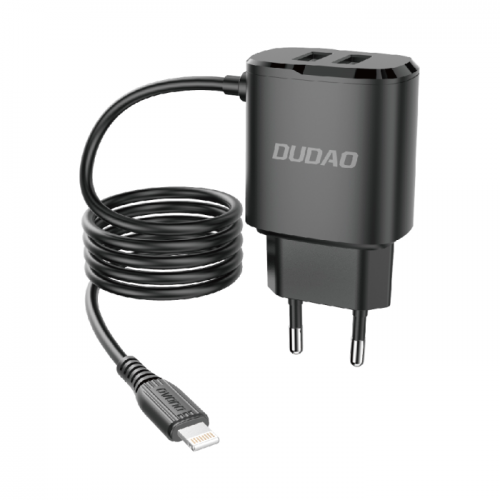 Įkroviklis Dudao "A2ProL" juodas (2xUSB) + integruotas "Lightning" laidas
