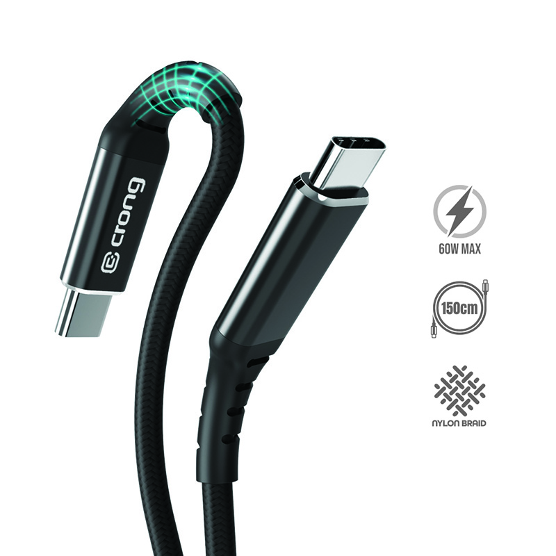 Crong Armor Link - 60W PD 3A USB-C to USB-C laidas 150cm (juodas)