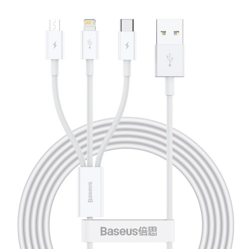 USB Kabelis Baseus "3in1 Superior" baltas 150cm (iki 3.5A)