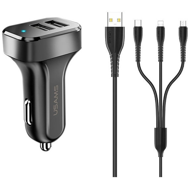 USAMS Automobilinis įkroviklis 2xUSB C13 2,1A 3w1 (microUSB/USB-C/lightning) juodas NTU35YTSC13TZ