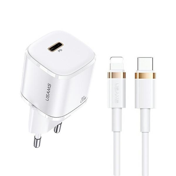 USAMS Tinklo įkroviklis 1xUSB-C T36 mini 20W + Laidas USB-C-Lightning baltas PD3.0 Fast Charging XFKXLOGTL02 (US-CC124+US-SJ484)