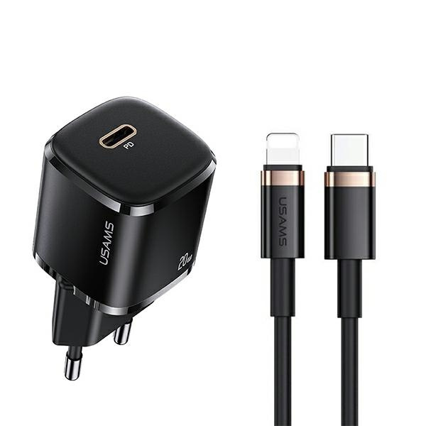 USAMS Tinklo įkroviklis 1XUSB-C T36 MINI 20W + Laidas USB-C-LIGHTNING juodas PD3.0 FAST CHARGING XFKXLOGTL01 (US-CC124+US-SJ484)