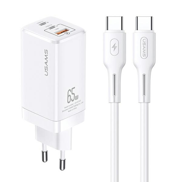 USAMS Tinklo įkroviklis MT 2XUSB-C+USB GAN 65W T33 PD + Laidas USB-C-USB-C 100W FAST CHARGING baltas MTXLOGTC02