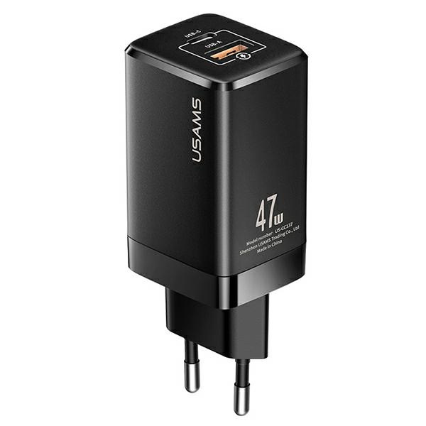 USAMS TINKLO ĮKROVIKLIS T41 USB-C+USB GAN 47W PD+QC (ONLY HEAD) FAST CHARGING JUODAS CC137TC01 (US-CC137)