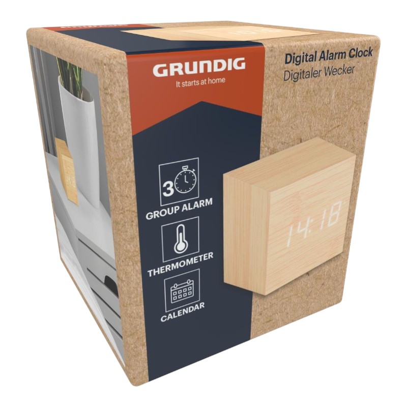 Grundig - цифровой LED будильник с термометром и календарем (светло-коричневый)