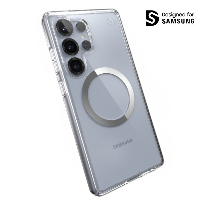Speck Presidio Perfect-Clear Magnet - Samsung Galaxy S25 Ultra MagSafe dėklas (Clear / Chrome Finish / Serene sidabrinis)
