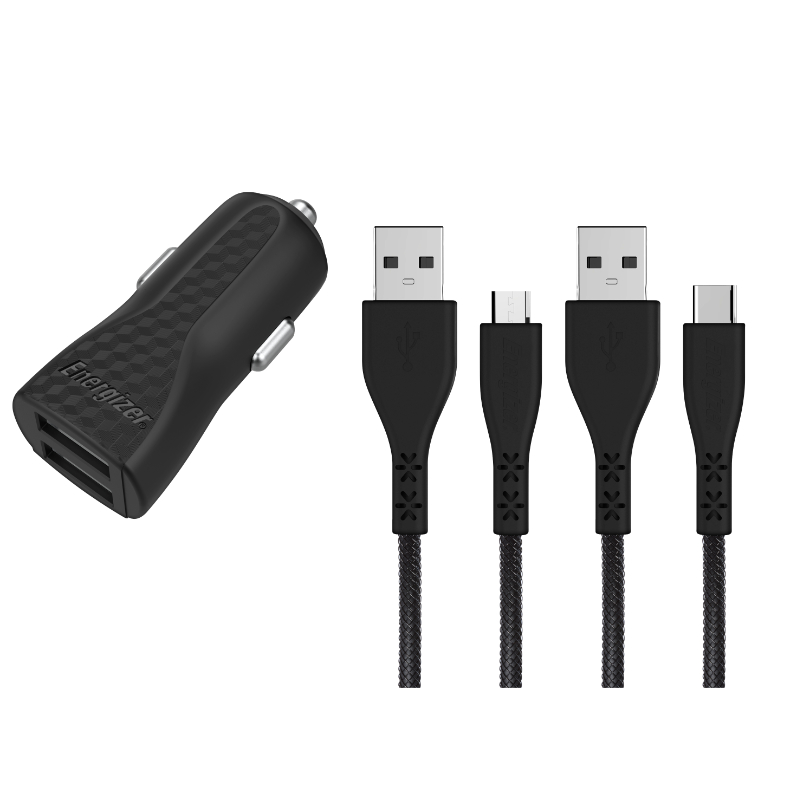 Energizer HardCase - automobilinis įkroviklis 2x USB-A 2.4A + USB-C & Micro USB laidas (juodas)