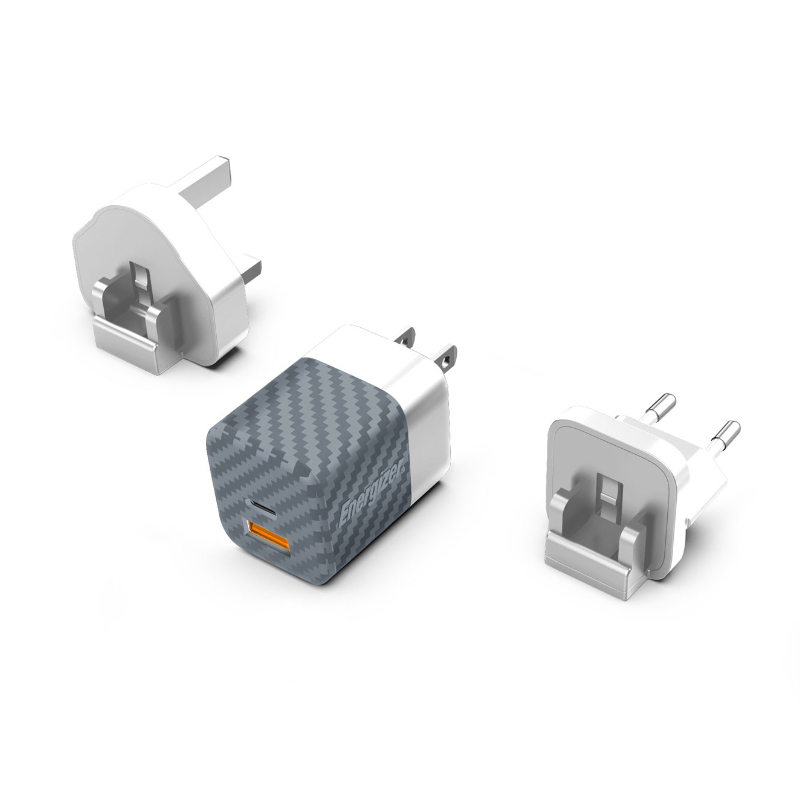 Energizer Ultimate - Multiplug EU / UK / US mains įkroviklis GaN 38W PD + QC3.0 (sidabrinis)