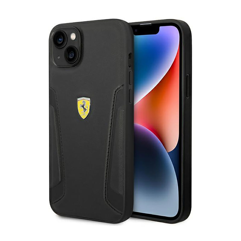 Dėklas telefonui Ferrari FEHCP14MRBUK iPhone 14 Plus 6.7 juodas odinis šonų įspaudas