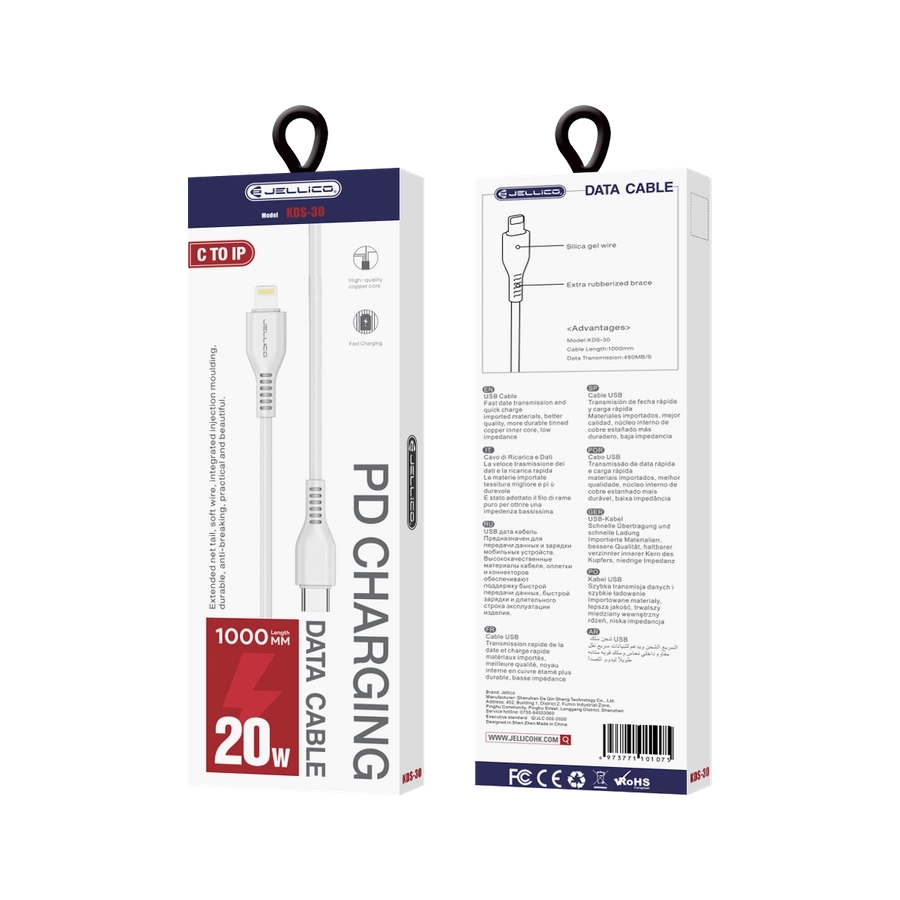 JELLICO laidas KDS-30 USB-C - Lightning PD 20W 1M Baltas