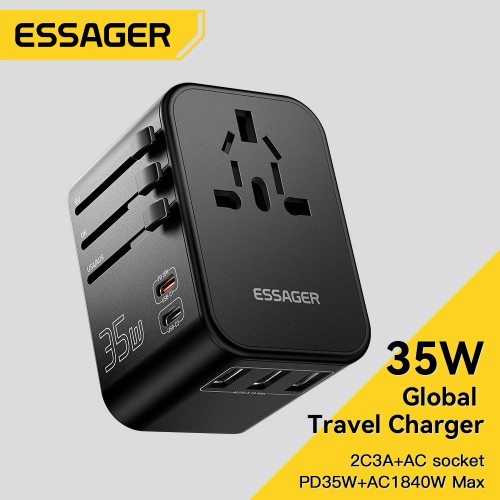 Įkroviklis Essager "Travel Global 1" juodas 35W (2xPD / 3xQC3.0) (tinka EU / US / UK)