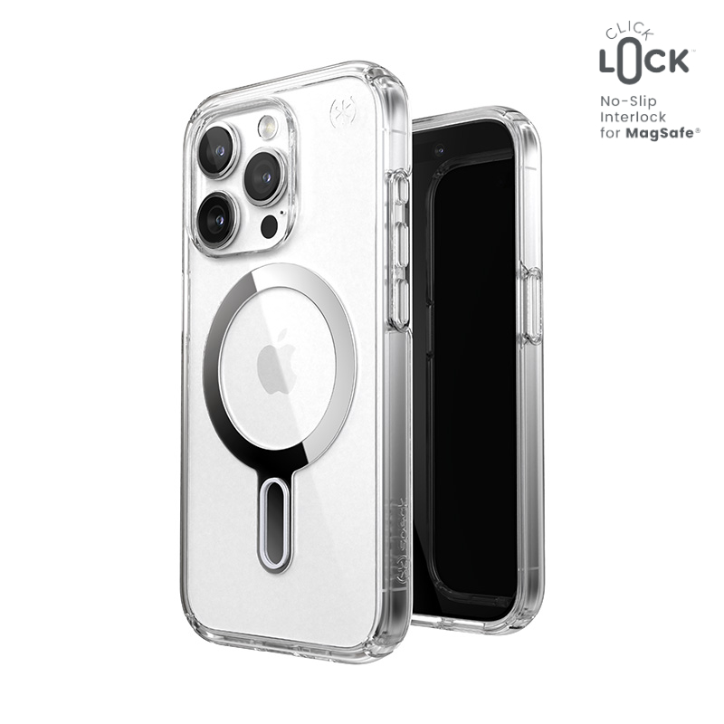 Speck Presidio Perfect-Clear ClickLock & Magsafe - iPhone 15 Pro dėklas (Clear / Chrome Finish / Serene sidabrinis)