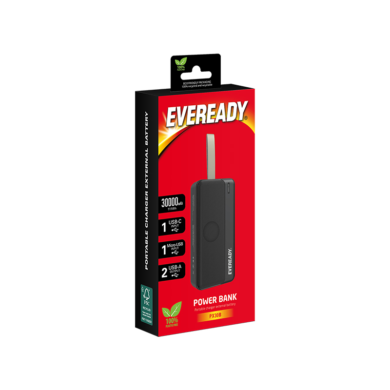 Eveready PX30B - Powerbank 30000 mAh 2x USB-A (juodas)