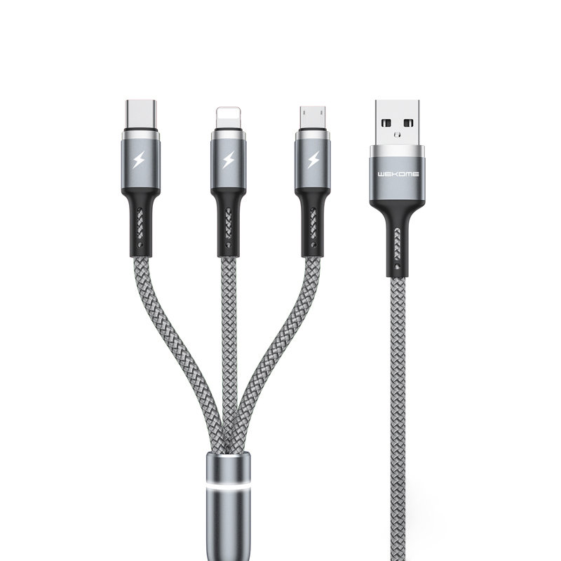 WEKOME WDC-119 Fython Series - 3-in-1 USB-A to Lightning + USB-C + Micro USB PD Connecting laidas 1.2 m (sidabrinis)