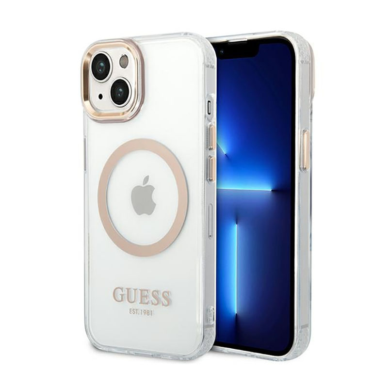 Guess GUHMP14MHTRMD iPhone 14 Plus 6.7 "auksinis / auksinis kietas dėklas Metalinis kontūras Magnetinis
