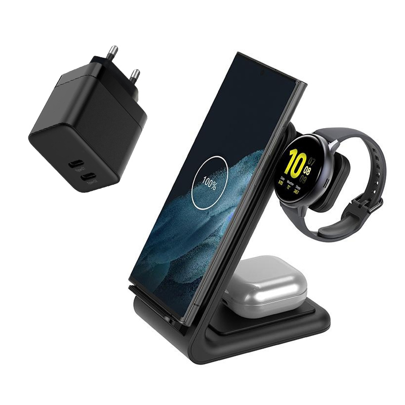 Crong - GaN PD 35W įkroviklis set plus PowerSpot Pivot stovas 3-in-1 wireless įkroviklis iPhone, Samsung & Android