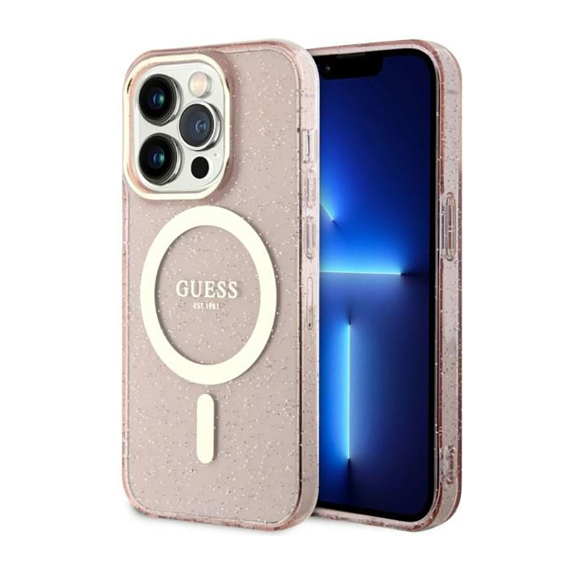 Guess GUHMP14XHCMCGP iPhone 14 Pro Max 6.7" rožinis kietas dėklas Glitter Gold Magnetinis