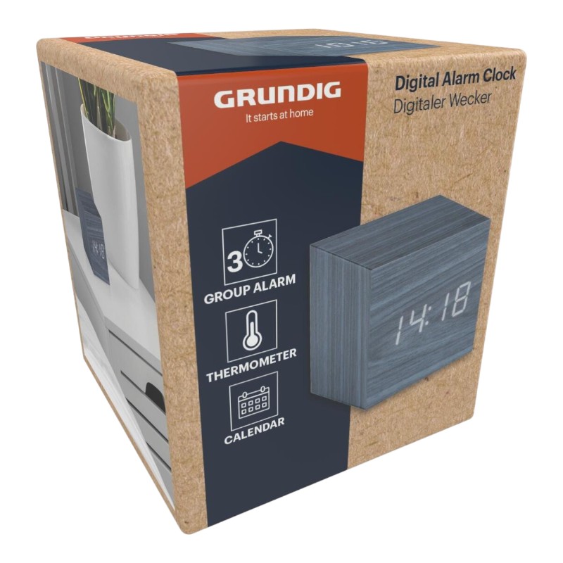 Grundig - цифровой LED будильник с термометром и календарем (синий)