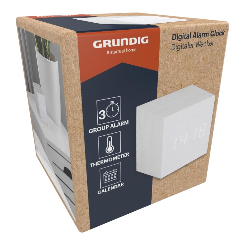 Grundig - цифровой LED будильник с термометром и календарем (белый)