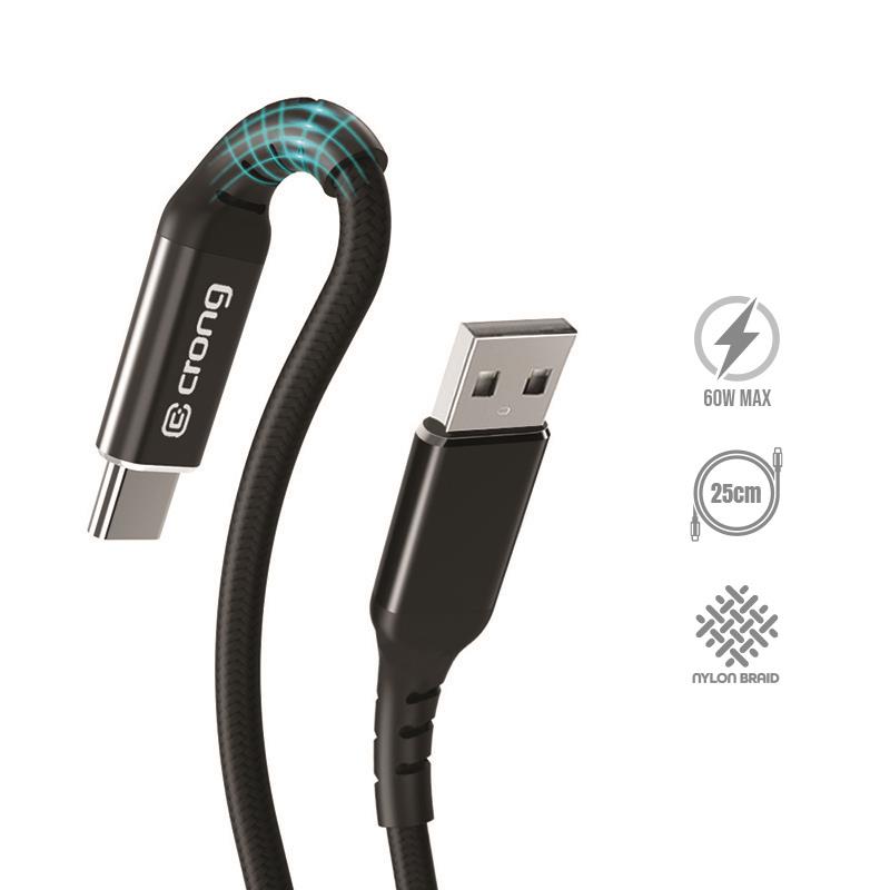 Crong Armor Link - 60W PD 3A USB-A to USB-C laidas 25cm (juodas)