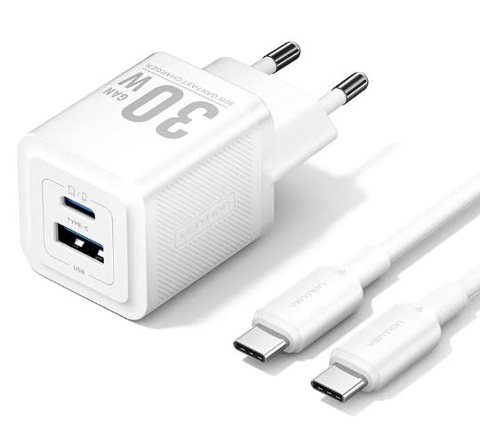 Tinklo įkroviklis USB su laidu 30W 2 prievadų Vention