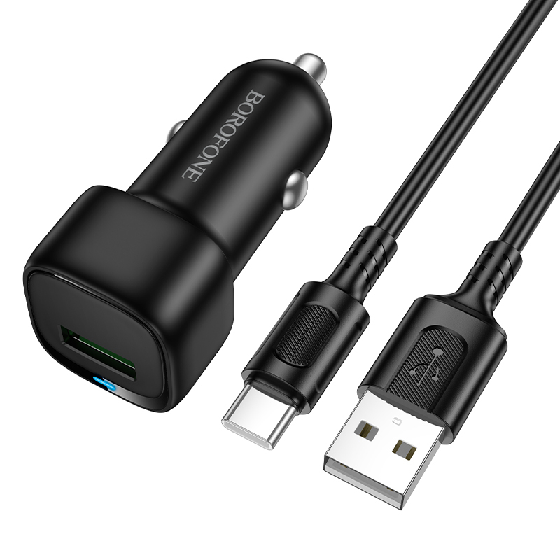 "Borofone" automobilinis įkroviklis BZ34 Cloud - USB - QC 3.0 18W su USB-C tipo kabeliu, juodas