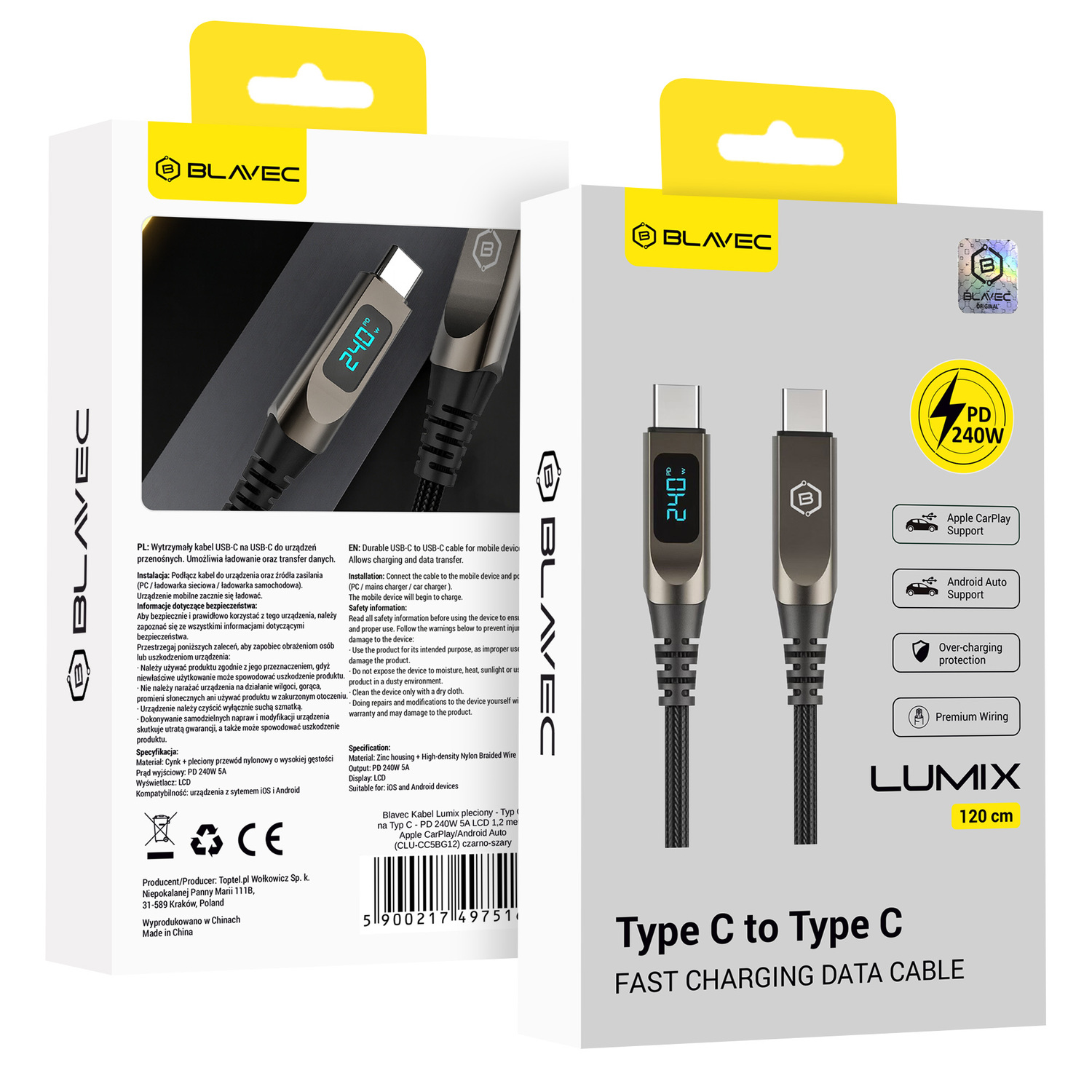Blavec Laidas Lumix pintas - Typ C na Typ C - PD 240W 5A LED display 1,2 metra Apple CarPlay/Android Auto (CLU-CC5BG12) juodas-pilkas