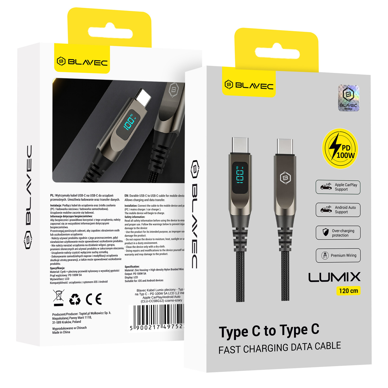 Blavec Laidas Lumix pintas - Typ C na Typ C - PD 100W 5A LED display 1,2 metra Apple CarPlay/Android Auto (CLU-CC5BG12) juodas-pilkas