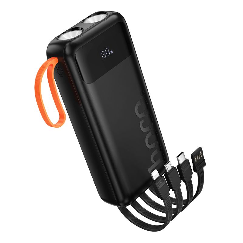 Išorinė baterija Hoco 20000 mAh 2A su integruotais laidais USB A + USB C + Lightning + Micro USB ir dviguba lempute J151A juoda