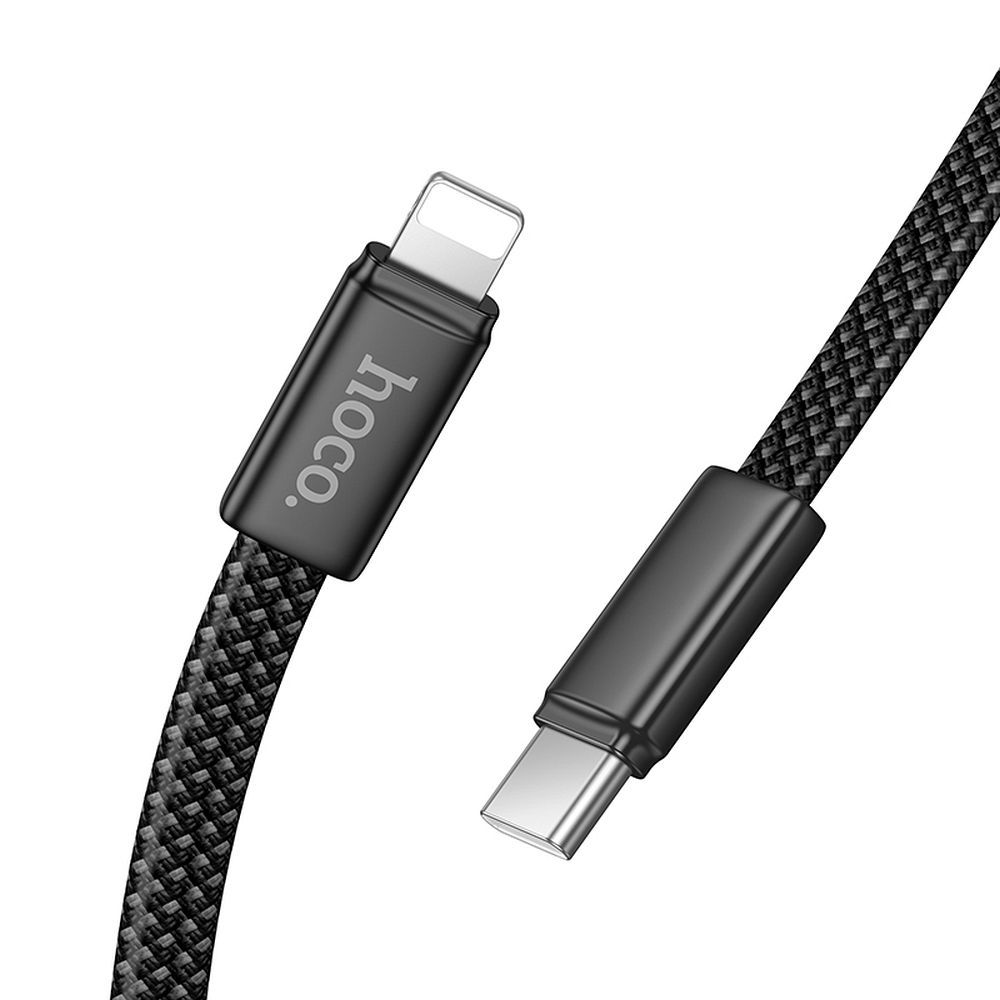 Plokščias kabelis USB C į Lightning Hoco PD 30W 1 m X125 juodas