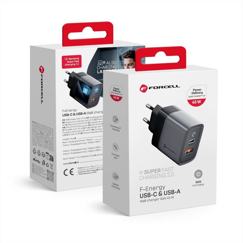Įkroviklis Forcell F-Energy (1xUSB-C;1xUSB 4A 45W) juodas