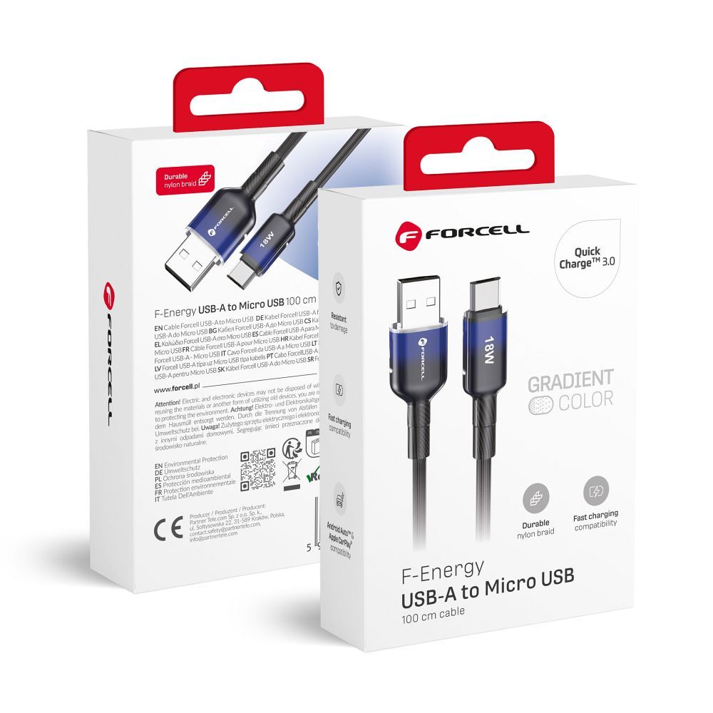 Cable USB A to Micro USB Forcell F-Energy QC3.0 2,4A 18W Gradient 1 m C351 black