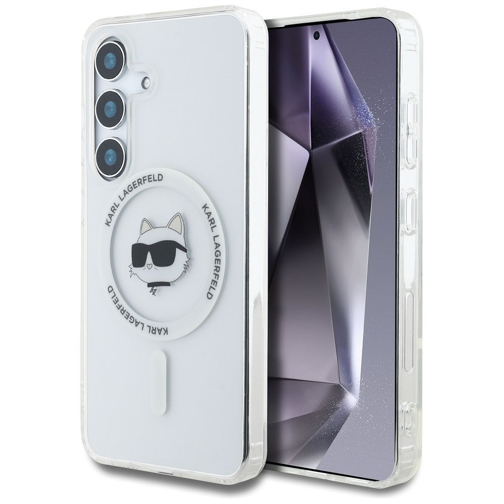 Dėklas Karl Lagerfeld Mygtukas Choupette Galva Spausdintas Logotipas Magnetinis Samsung Galaxy S25 balta
