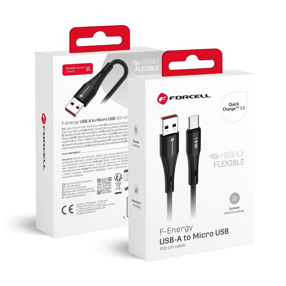 Kabelis FORCELL F-ENERGY C341 USB A į Micro USB QC3.0 2,4A 18W Silikoninis 1 m juodas (m)