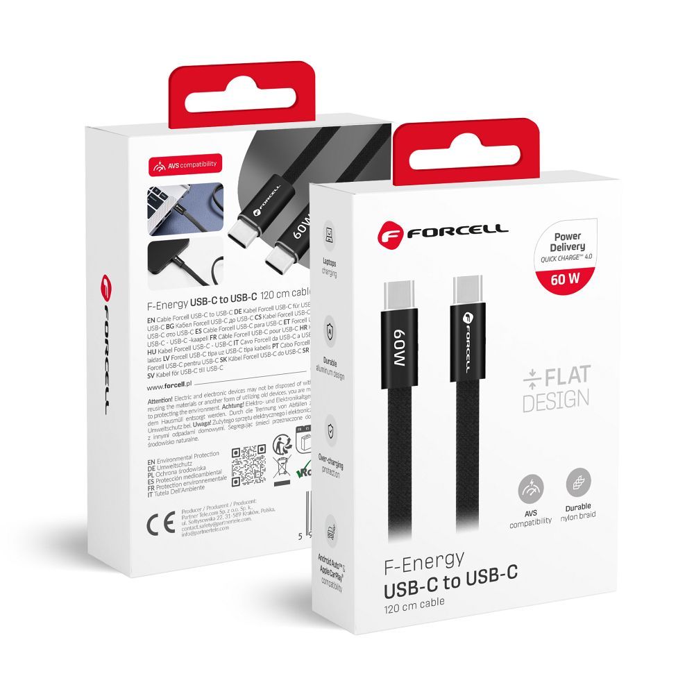 Laidas USB C į USB C Forcell F-Energy QC4.0 PD 3A 60W Cafule Flat 1,2 m CCFN23 juodas
