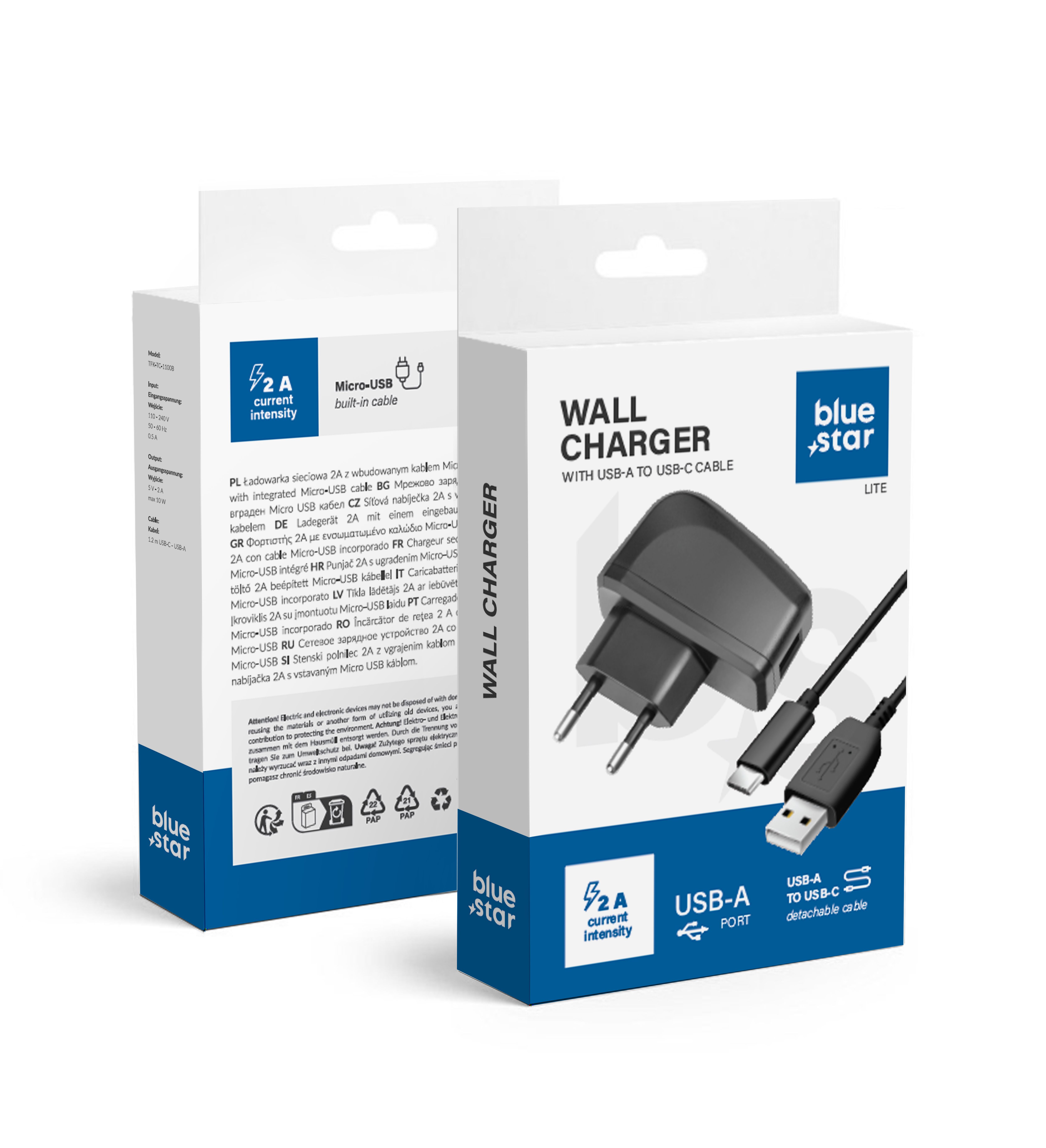 Įkroviklis Blue Star (TFK-TC-1095B) + laidas "USB-C (Type-C)" 2A (10W) juodas