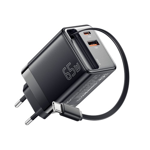 Įkroviklis Essager Scope juodas 65W (1xPD / 1xQC3.0) + integruotas Type-C laidas