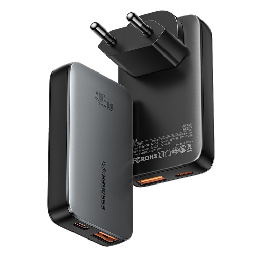 Įkroviklis Essager GaN Ultra juodas 45W (1xPD / 1xQC3.0)